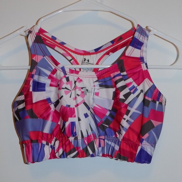 UNDER ARMOUR Sports Bra Womens Purple Pink Abstract Activewear Small Cheer Danc - Picture 1 of 2